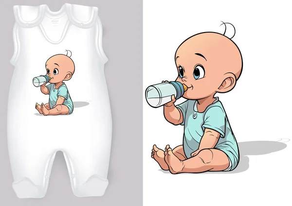 持有婴儿瓶的带卡通动机的白种人婴儿的浪漫故事 具有白色背景的可辨认印刷品的彩色插图 — 图库矢量图片