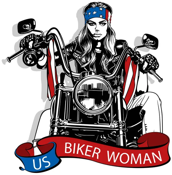 一个骑在强力摩托车上的女骑手的画像 以白色背景为背景的图例 图库矢量图片