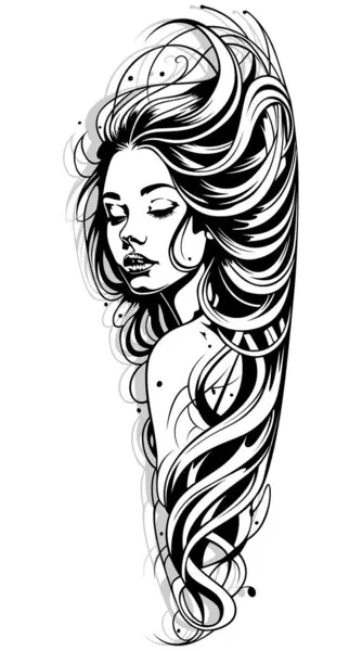 流动头发的妇女的画像 黑色和白色纹身或以白色背景为背景的图解 — 图库矢量图片