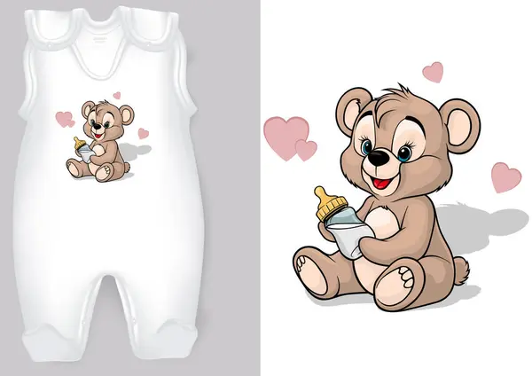 Witte Baby Rompers Met Een Cartoon Motief Van Een Teddybeer Vectorbeelden