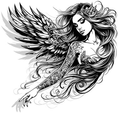 Drawing of a Beautiful Woman as an Angel with Long Flowing Hair - Black and White Illustration or Tattoo Isolated on White Background, Vector clipart