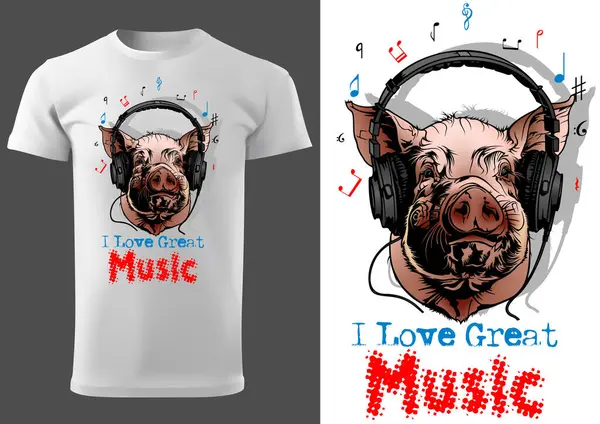 Love Great Music Pig Illustration Textile Print Motif Imagen Blanco — Vector de stock