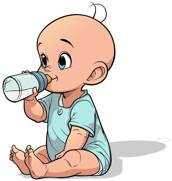 抱着婴儿瓶坐在地上的卡通新生儿 以白色背景为背景的彩色插图 — 图库矢量图片