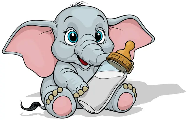 Sitting Baby Elephant Baby Bottle Collored Cartoon Illustration Isolated White Стоковая Иллюстрация