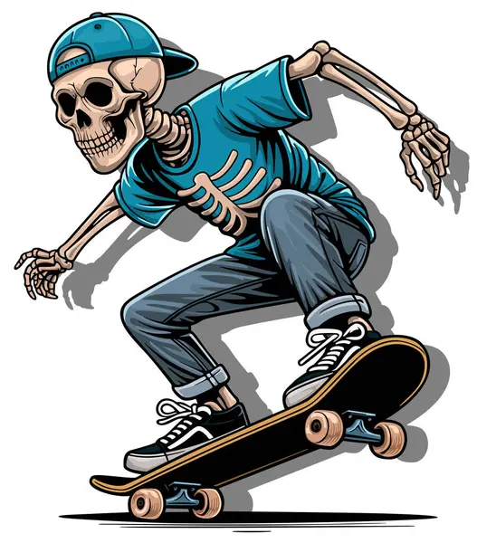 Skelett Auf Einem Skateboard Farbige Illustration Oder Textildruckmotiv Auf Weißem Stockvektor