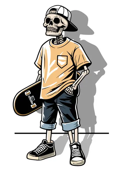 Skelet Met Een Skateboard Zijn Hand Gekleurde Illustratie Textielprint Motief Stockvector