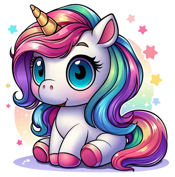 Cute Cartoon Sitting Unicorn Rainbow Mane Colorful Illustration Isolated White Royalty Free Stock Vectors