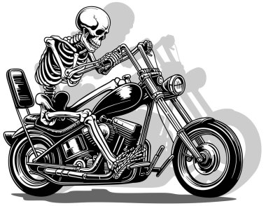 Hareket Eden Motorsiklette Oturan Bir İskelet Çizimi - Beyaz Arkaplanda İzole Edilmiş Siyah ve Beyaz Çizim, Vektör