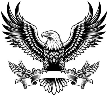 Banner 'la Genişletilmiş Kanatlı Kel Kartal' ın Çizimi - Beyaz Arkaplanda İzole Edilmiş Siyah ve Beyaz Görüntü, Vektör