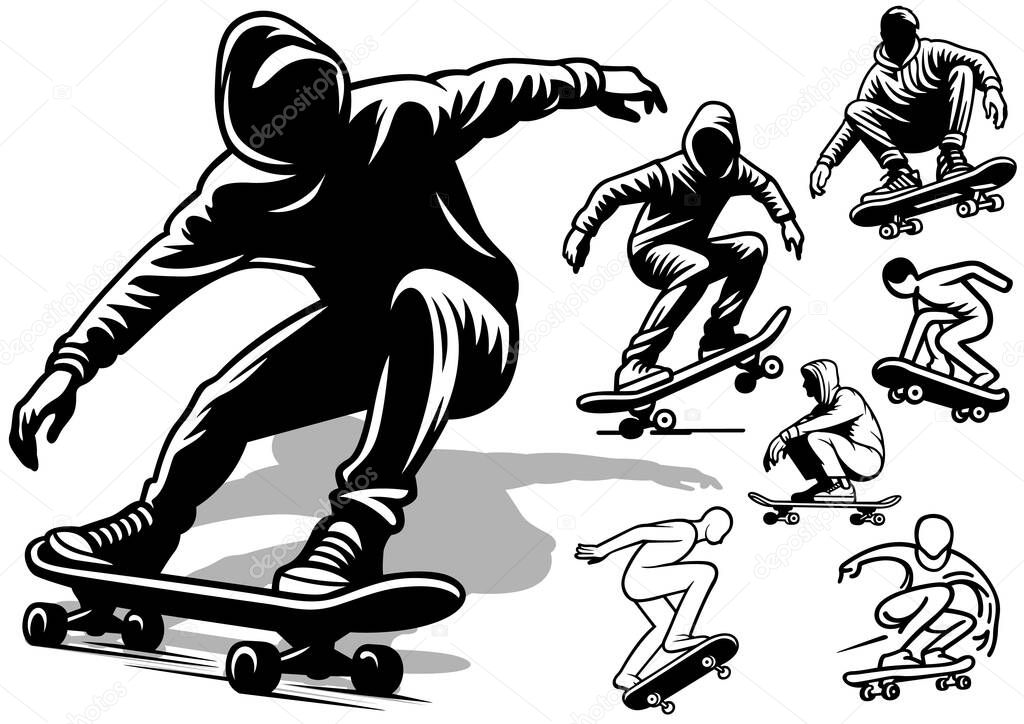 Set of Skateboarder Drawings and Icons - Black Illustrations Isolated on White Background, Vector