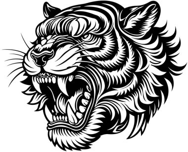 Siyah ve Beyaz Kaplan Başı 'nın çizimi Açık Ağızlı Dövme - Dekoratif Resim Beyaz Arkaplanda İzole Edildi, Vektör