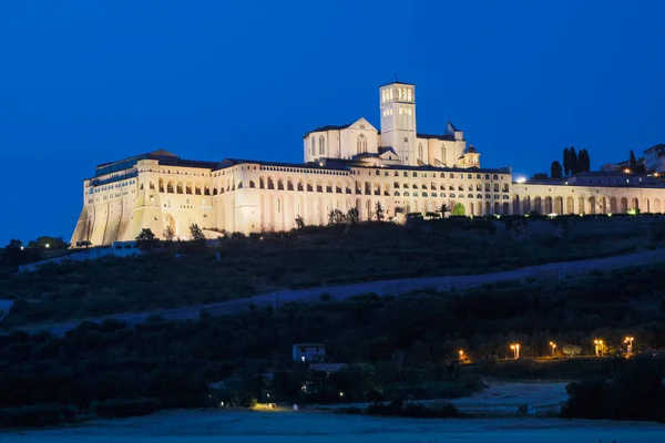 Basilica Assisi Notte Umbria Città Famosa Più Importante Basilica San — Foto Stock