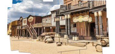 Creative picture of Wild West village with old buildings and saloon