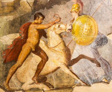 Italy, Pompeii - Roman house interior, antique fresco decoration, ancient wall painting