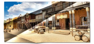 Creative picture of Wild West village with old buildings and saloon