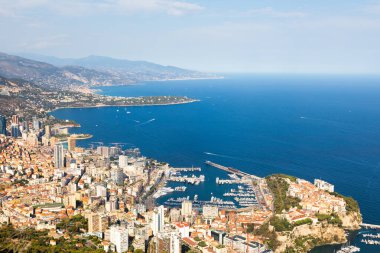 Monte Carlo - August 2022: panoramic view of the city with blue sea in Summer