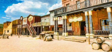 Creative illustration in vintage watercolor design - Wild West old village, rural buildings with blue sky