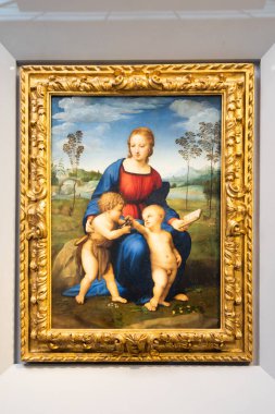 Florence, İtalya - Haziran 2022: Madonna ve Child with Young St John the Baptist - ayrıca 1506 yılında Raffaello Sanzio tarafından Madonna of the Goldfinch olarak adlandırıldı. Raphael - Rönesans resim başyapıtı