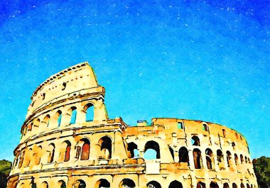 Roma, İtalya - Mavi gökyüzünde kolezyum - Yaratıcı illüstrasyon, klasik suluboya tasarımı