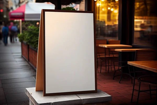 调味标签 酒吧餐厅空白菜单框 在木制餐桌自助餐厅里放有白纸的小册子 其背景模糊不清 — 图库照片