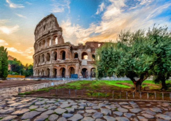 Roma Itália Pôr Sol Por Trás Coliseu Ilustração Criativa Design — Fotografia de Stock