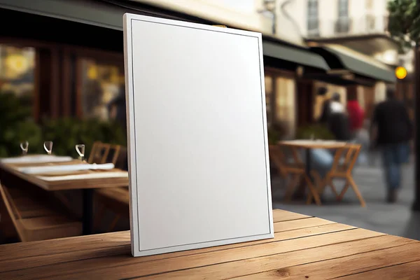 调味标签 酒吧餐厅空白菜单框 在木制餐桌自助餐厅里放有白纸的小册子 其背景模糊不清 — 图库照片