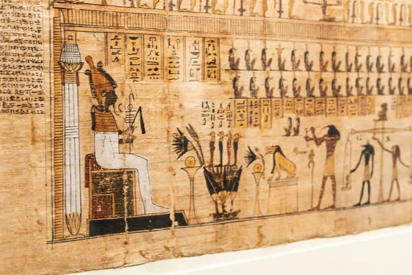 意大利都灵 2023年2月 埃及博物馆 死亡之书 的细节 附有丧葬公式和咒语 纸莎草 公元前330年 — 图库照片