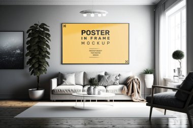 Modern room interior with mock-up photo frame on white walls. Black, gray and white furniture.