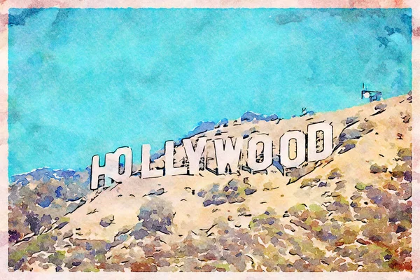 Kreativní Ilustrace Uměleckým Akvarelovým Designem Nápis Hollywood Los Angeles — Stock fotografie