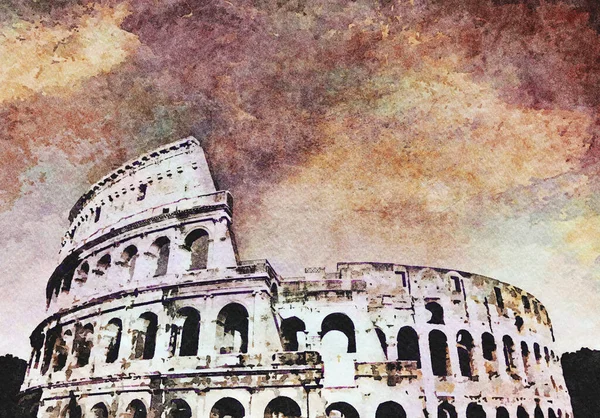 Rome Italië Colosseum Aan Blauwe Hemel Creatieve Illustratie Vintage Aquarel — Stockfoto