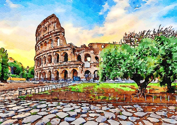 Rome Italië Zonsondergang Achter Het Colosseum Creatieve Illustratie Vintage Aquarel — Stockfoto