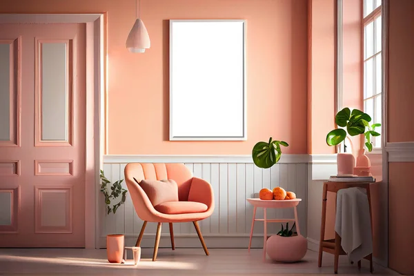 Home Interior Cartaz Simular Com Moldura Vertical Parede Interior Mockup — Fotografia de Stock