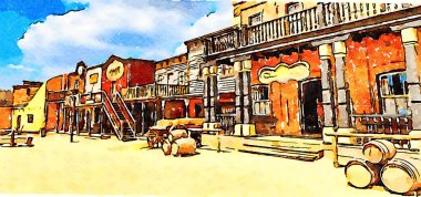 Creative illustration in vintage watercolor design - Wild West old village, rural buildings with blue sky