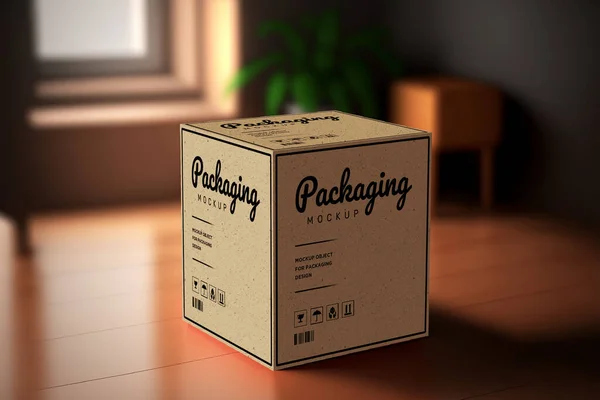 Product Cubic Box Mockup Realistic Brown Carton Package Copy Space — Stockfoto