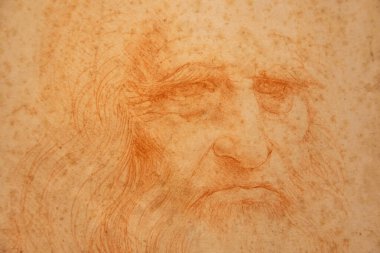 Torino, İtalya - Nisan 2023: Orijinal Leonardo da Vinci portresi el yapımı pamuk kağıt üzerinde, Kraliyet Kütüphanesi