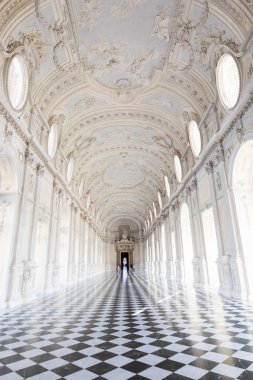 Reggia di Venaria Reale, İtalya - Ekim 2022: koridor perspektifi, lüks mermer, galeri ve pencereler - Kraliyet Sarayı