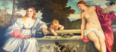 Roma, İtalya - 28 Aralık 2023: Borghese Galerisi, Kutsal ve dine aykırı aşk - Amor sacro e amor profano - Tiziano, 1514 dolaylarında