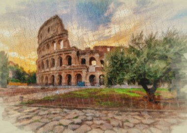 Roma, İtalya - Kolezyum 'un arkasındaki günbatımı - Yaratıcı illüstrasyon, klasik empresyonist tasarım