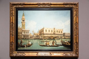 Milan, İtalya - 23 Eylül 2023: Brera antik resim müzesi. Venedik Manzarası, Canaletto, 1745