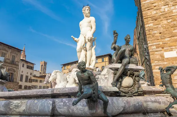 Firenze Olaszország Neptun Szökőkút Márvány Szobor Reneszánsz Remekmű Meztelen Poszeidón Stock Fotó