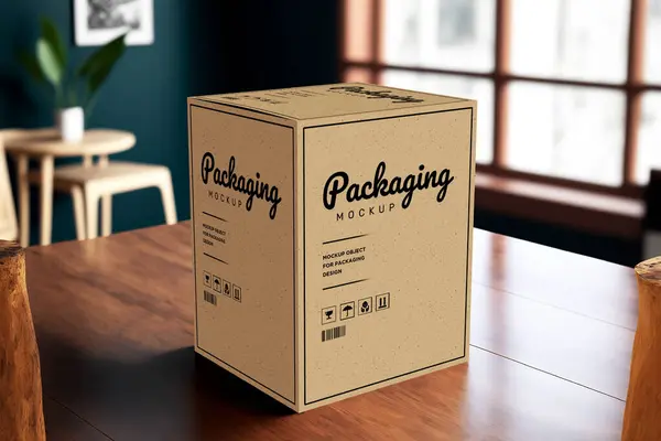 Produkt Kubus Box Attrappe Realistische Braune Kartonverpackung Mit Kopierraum Stockfoto