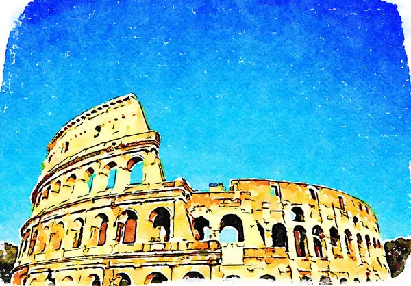 Rome Italië Colosseum Aan Blauwe Hemel Creatieve Illustratie Vintage Aquarel Rechtenvrije Stockafbeeldingen