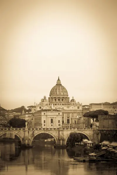 Roma Eski Kartpostal Vatikan Kubbesi Tiber Nehri Üzerinde Köprü Eski Stok Resim