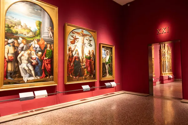 stock image Milan, Italy - 23 September 2023: Brera antique painting museum interior. Vintage art exibition, elegant indoor, nobody.