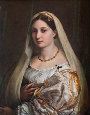 Floransa, İtalya - 23 Eylül 2023: Pitti Sarayı antik resim müzesi. Raffaello Sanzio 'dan La Velata, 1514..