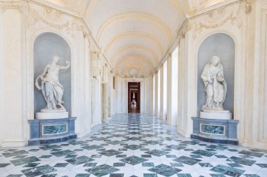 Venaria Reale, İtalya - 16 Temmuz 2023: lüks galeri perspektifi, dekoratif mermer, kapalı alan, hiç kimse, Kraliyet Sarayı. İtalya 'ya seyahat.