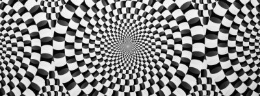 Optik illüzyon yatay arka planı. Soyut eğriler, geometrik etki. Siyah ve beyaz.