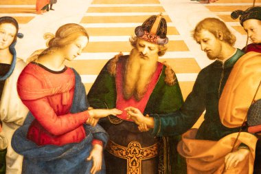 Milan, İtalya - 23 Eylül 2023: Brera antik resim müzesi. Raffaello Sanzio 'dan Bakire Evlilik - Raphael, 1504