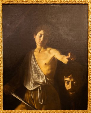 Roma, İtalya - 28 Aralık 2023: Davut Goliath 'ın lideri, Caravaggio, 1610 - Tuval üzerine yağ - cm 125 x 101, Galleria Borghese