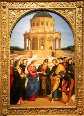Milan, İtalya - 23 Eylül 2023: Brera antik resim müzesi. Raffaello Sanzio 'dan Bakire Evlilik - Raphael, 1504